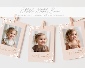 Editable Boho Daisy Birthday Party Monthly Banner Boho Daisy Birthday Theme, Newborn-12 Month Photo Banner, 1 Year Old Photo Banner Boho
