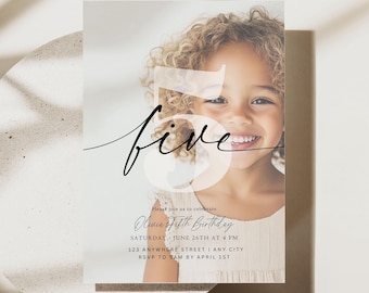 Editable 5th Birthday Invitation Fifth Birthday Party Invite Minimalist Boho 5 th Boy Birthday Girl Birthday Instant Digital Download Five