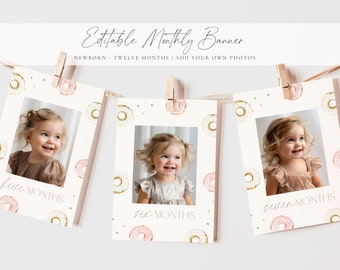 Edytowalny miesięczny baner urodzinowy Sweet One Temat urodzin Sweet One, baner ze zdjęciami noworodków i 12 miesięcy, baner ze zdjęciami 1 roku życia Boho