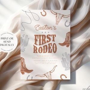May include: A rodeo-themed invitation with the text "Easton's First Rodeo" in brown. The design includes illustrations of cowboy boots, a bull skull, horseshoes, and cacti. The invitation is a digital product, ready to print or send digitally.
