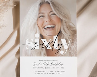 Editable 60th Birthday Invite with Picture Him Her Digital Invite Template Instant Download Sixty Year Old Minimalist Sixtieth Printable