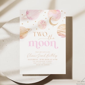 Editable Two the Moon Birthday Invitation Second Birthday Digital Invite Girl Space Birthday Party 2nd Astronaut Planets Pink Pastel Evite