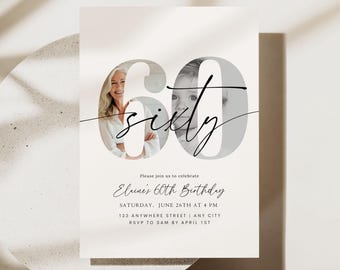 Editable 60th Birthday Invitation Template 60 th Digital Invite Instant Download Sixty Years Party Minimalist Printable Invite Evite Him Her