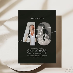 May include: Black 40th birthday invitation with the text "Look Who's Forty". The number 40 is stylized with photos of a man and a baby. The invitation includes event details: date, time, location, and RSVP information.