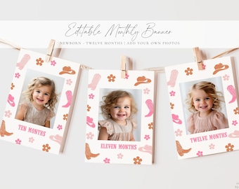 Editable First Rodeo Birthday Party Monthly Banner Cowgirl Western Birthday Theme Newborn-12 Month Photo Banner 1 Year Old Photo Banner Boho