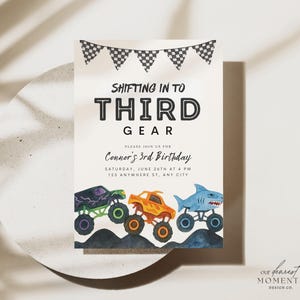 Editable Monster Truck 3rd Birthday Invitation Third Gear Boom Crash Monster Bash Printable Invite Trucks Three Birthday Template Boys Jam