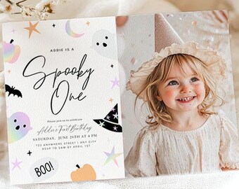 Editable Spooky One Birthday Invitation Halloween 1st Birthday Invite with Photo First Birthday Girl Instant Download Spooktacular Ghost
