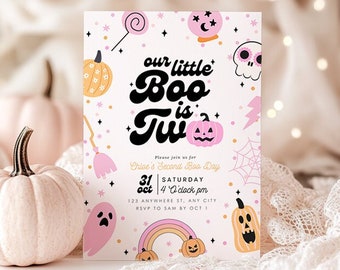 Editable Halloween 2nd Birthday Invitation Halloween Little Boo is Two Birthday Party Invite Second Birthday Girl Instant Download Retro