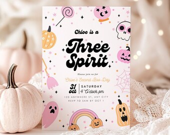 Editable Three Spirit Birthday Invitation Halloween 3rd Birthday Party Invite Third Birthday Girl Instant Download Retro Ghost Printable