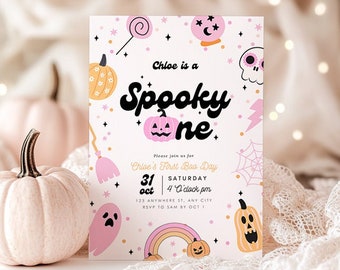 Editable Spooky One Birthday Invitation Halloween 1st Birthday Invite First Birthday Girl Instant Download Retro Groovy One Spooktacular
