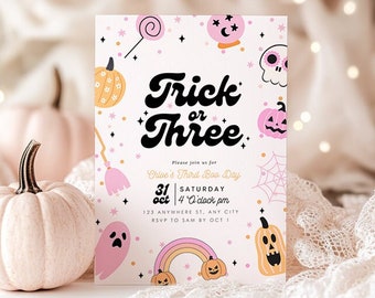 Editable Trick or Three Birthday Invitation Halloween 3rd Birthday Party Invite Third Birthday Girl Instant Download Retro Groovy Printable