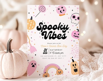 May include: A pink and gold Halloween party invitation with the text "Spooky Vibes" and illustrations of pumpkins, a ghost, a witch's broom, a crystal ball, a lollipop, and a skull. The invitation includes the date and time of the party, "Saturday, 31st October at 4 o'clock pm".