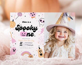 Editable Spooky One Birthday Invitation Halloween 1st Birthday Invite with Photo First Birthday Girl Instant Download Spooktacular Ghost