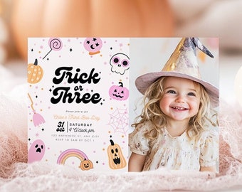 Editable Trick or Three Birthday Invitation Halloween 3rd Birthday Party Invite with Photo Third Birthday Girl Instant Download Printable