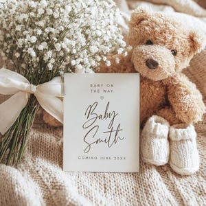 Editable Pregnancy Announcement Template, Digital Instant Download Canva, Gender Neutral, Boho Minimalist Simple, Teddy Bear Baby Bow