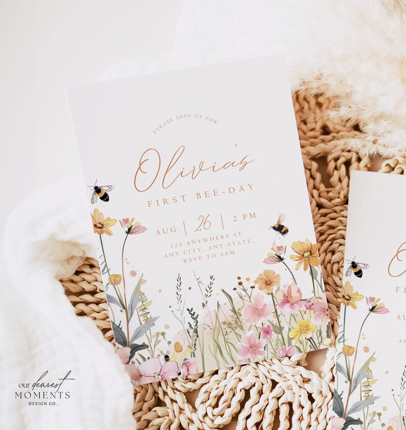 First Bee Day Birthday Invitation 1st Bee-Day Party Invite First Birthday Boho Invitation Bumble Bee Invite 1st Birthday Invite for Girl bild 2