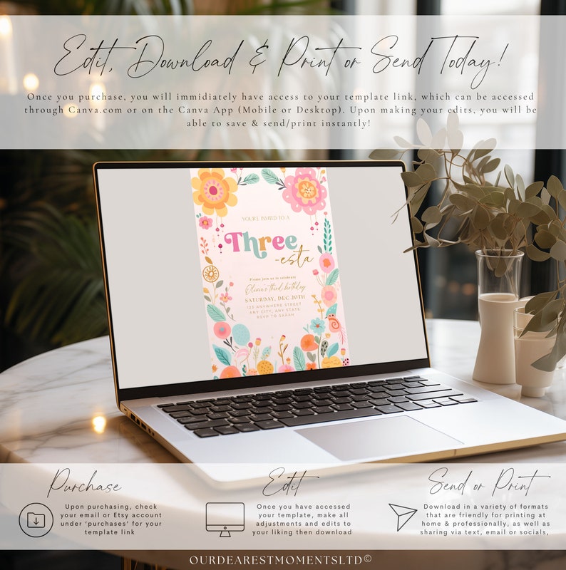 May include: A digital invitation template for a child's third birthday party. The invitation features a floral design with a pink, yellow, and blue color scheme. The text "You're Invited to a Three-esta" is featured on the invitation.