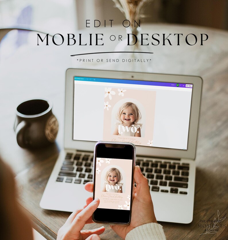 May include: A laptop and a smartphone displaying a digital invitation with a photo of a young girl and the text "Two". The invitation has a floral design with white flowers on a pink background. The text "Edit on Mobile or Desktop *Print or Send Digitally*" is displayed above the laptop.