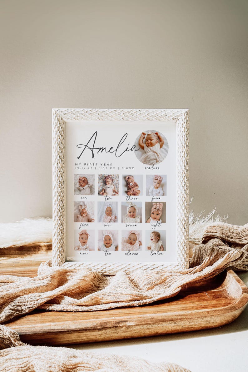 May include: A white framed photo collage of a baby girl's first year. The collage includes 12 photos of the baby at different ages, from newborn to 12 months. The photos are arranged in a grid pattern, with the baby's name "Amelia" and the date and time of her birth printed at the top. The text "My First Year" is also printed at the top.