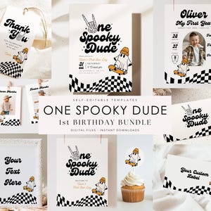 Editable One Spooky Dude Birthday Bundle Halloween Boy 1st Birthday Package First Birthday Instant Download Spooky One Skateboard Ghost Cute