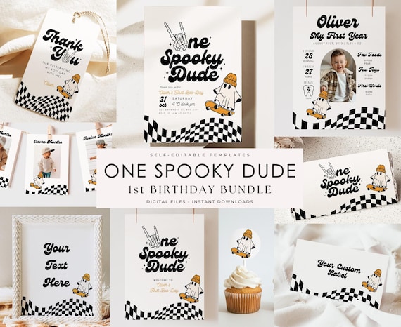 Editable One Spooky Dude Birthday Bundle Halloween Boy 1st Birthday Package First Birthday Instant Download Spooky One Skateboard Ghost Cute