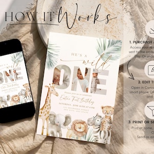 May include: A digital invitation for a first birthday, featuring the text "He's a Wild One." The design includes watercolor illustrations of safari animals and palm leaves. The invitation is displayed on a smartphone and a printed card.