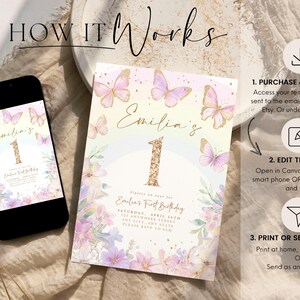 May include: A digital invitation for Emilia's first birthday, featuring a gold glitter number one and butterfly illustrations. The invitation is displayed on a smartphone and a printed card, with instructions on how to purchase, edit, and print.