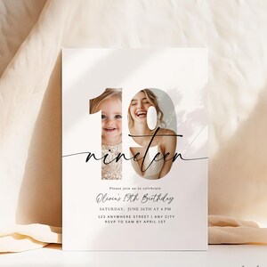May include: A white invitation card with a black and white photo of two people in the shape of the number 19. The text on the card reads "Please join us to celebrate Olivia's 19th Birthday, Saturday, June 26th at 4 PM, 123 Anywhere Street | Any City, RSVP to Sam by April 1st".