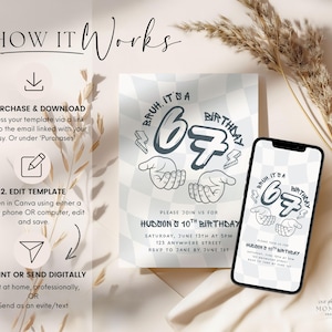 May include: A digital invitation design with a checkered background and the text "Bruh, it's a 67th Birthday." The invitation includes event details and is displayed on a smartphone and a printed card. Instructions for use are also included.