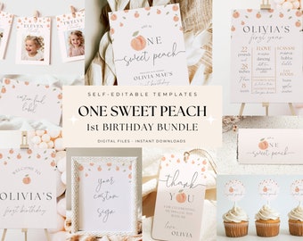 One Sweet Peach Party Bundle Sweet Peach 1st Birthday Package Edtiable Peach First Birthday for Girl Templates Digital Printable Boho Invite