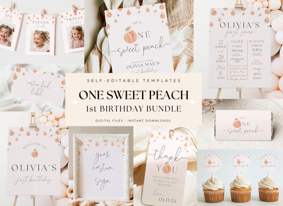 One Sweet Peach Party Bundle Sweet Peach 1st Birthday Package Edtiable Peach First Birthday for Girl Templates Digital Printable Boho Invite