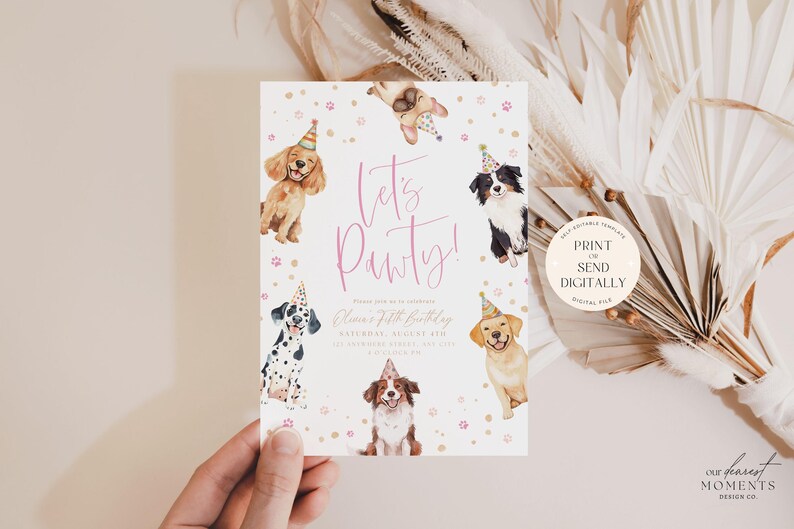 May include: A birthday party invitation featuring watercolor illustrations of various dog breeds wearing party hats. The invitation reads "Let's Pawty!" in pink script, with event details below. A hand holds the invitation.