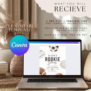 May include: A digital mockup of a baseball-themed first birthday invitation template. The template is displayed on a laptop screen and features a watercolor background with baseballs, footballs, and basketballs. The text on the invitation reads "Oliver's Rookie Year" and includes details for the birthday party, such as the date, time, and location.