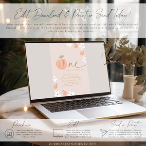 Może przedstawiać: Laptop wyświetla zaproszenie na pierwsze urodziny w stylu brzoskwiniowym. Projekt zawiera akwarelową brzoskwinię, słowo "one" i tekst "Sweet Peach". Zaproszenie zawiera szczeg&oacute;ły wydarzenia i kwiatowe akcenty. Laptop stoi na marmurowej powierzchni.