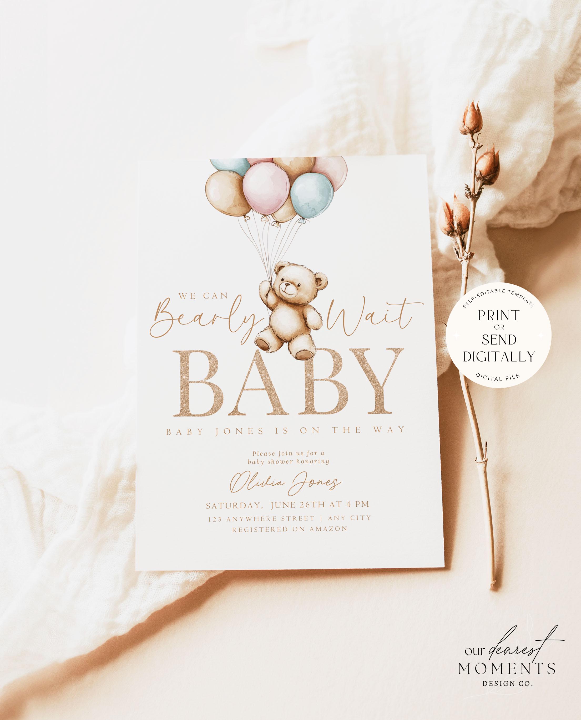 Editable We Can Bearly Wait Baby Shower Invitation Teddy Bear Baby ...
