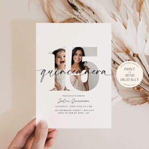 May include: A quincea&ntilde;era invitation card with the number 15 featuring two photos. The word "quincea&ntilde;era" is written in cursive. The invitation includes event details: date, time, and location. A hand holds the card.