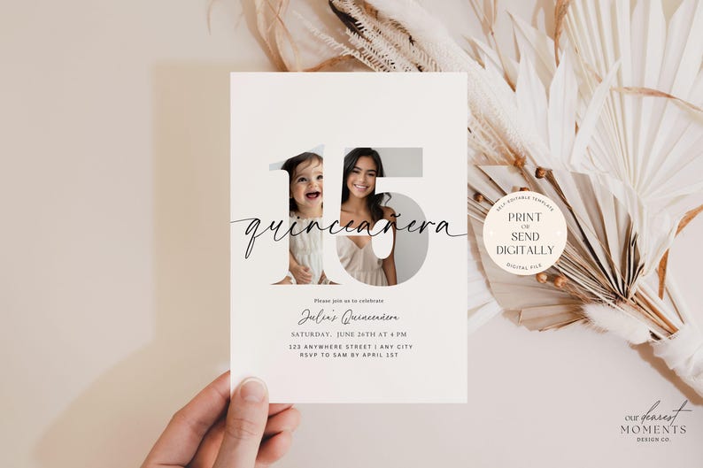 May include: A quincea&ntilde;era invitation card with the number 15 featuring two photos. The word "quincea&ntilde;era" is written in cursive. The invitation includes event details: date, time, and location. A hand holds the card.