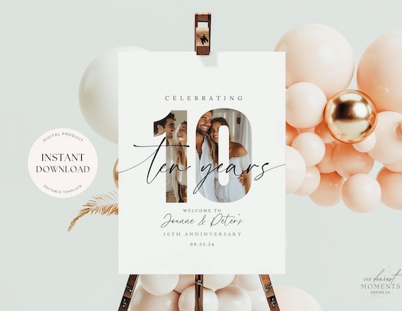 10th Anniversary Welcome Sign 10th Wedding Anniversary Welcome Poster Photo Instant Download Printable Editable Template Minimalist 10 th