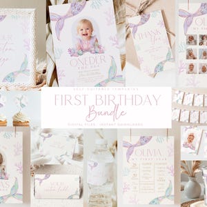 May include: A selection of mermaid-themed first birthday party decorations. The bundle includes invitations, thank you cards, a banner, cupcake toppers, and personalized signs. The colour scheme features pastel purples, greens, and pinks, with mermaid tail and coral designs.