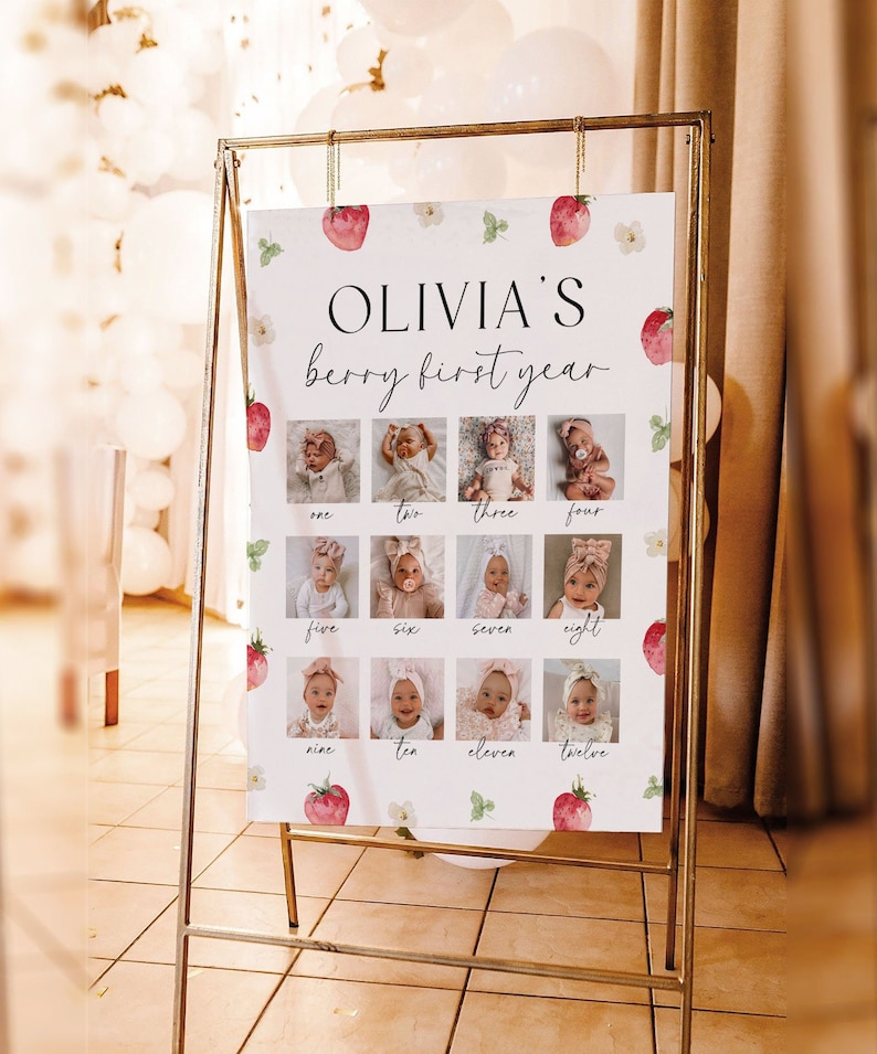 K&ouml;nnte beinhalten: Ein wei&szlig;er Poster mit Erdbeer-Motiv f&uuml;r eine erste Geburtstagsfeier. Der Poster sagt "Olivia's Berry First Year" und zeigt 12 Fotos eines kleinen M&auml;dchens, eines f&uuml;r jeden Monat des Jahres.