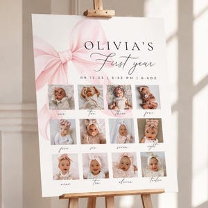 Editable Milestone Birthday Sign Coquette Pink Bow Printable First Year Poster Template Baby 1st Birthday Growth Board Photo Collage Digital