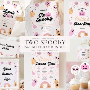 Editable Two Spooky Birthday Bundle Halloween 2nd Birthday Party Package Second Birthday Girl Instant Download Retro Ghost Printable
