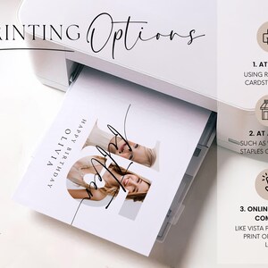 Pode incluir: Um cart&atilde;o branco com o texto "Olivia Feliz Anivers&aacute;rio" e uma foto de duas meninas. O cart&atilde;o est&aacute; sendo impresso em uma impressora. O texto "PRINTING Options" est&aacute; no topo da imagem. Existem tr&ecirc;s op&ccedil;&otilde;es para imprimir o cart&atilde;o: em casa, em uma loja ou online.