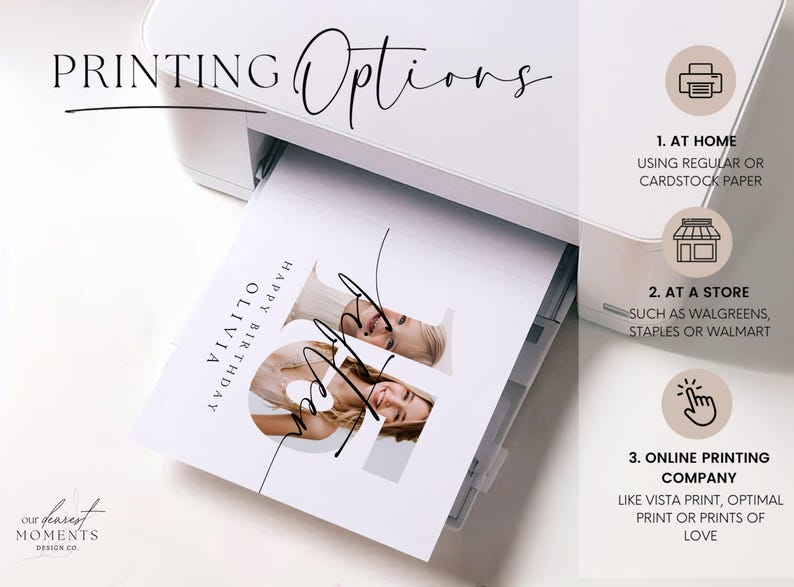 Pode incluir: Um cart&atilde;o branco com o texto "Olivia Feliz Anivers&aacute;rio" e uma foto de duas meninas. O cart&atilde;o est&aacute; sendo impresso em uma impressora. O texto "PRINTING Options" est&aacute; no topo da imagem. Existem tr&ecirc;s op&ccedil;&otilde;es para imprimir o cart&atilde;o: em casa, em uma loja ou online.