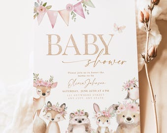 Editable Woodland Baby Shower Girl Invitation Forest Animals Baby Shower Invite Digital Download Printable Minimalist Bear Oh Baby Pink