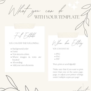 May include: A printable template with instructions on how to edit and save the template. The text says "What you can do with your template" and "Full Editable" and "When done Editing".