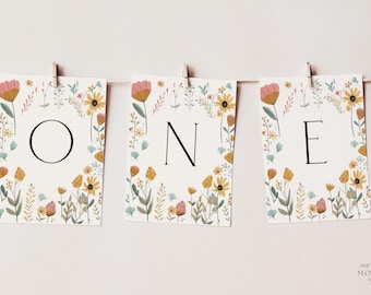 Wildflower First Birthday High Chair Banner Printable Party First Birthday Highchair Banner ONE 1st Birthday Decorations Digital Download
