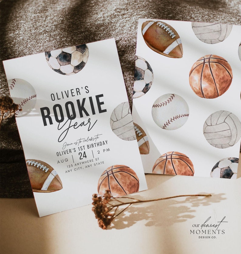 Editable Rookie Year Sports First Birthday Invitation Digital Template Have a Ball 1st Birthday Invite for Boy Printable 1 st Birthday Boho image 1