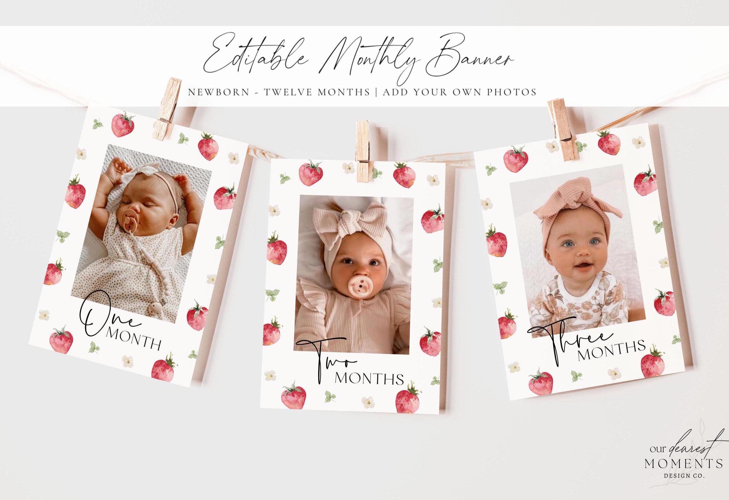 Berry First Birthday Photo Banner 1st Birthday Photo Banner Gender Neutral Photo Cards Modern Strawberry Monthly Milestone Photo Cards Boho