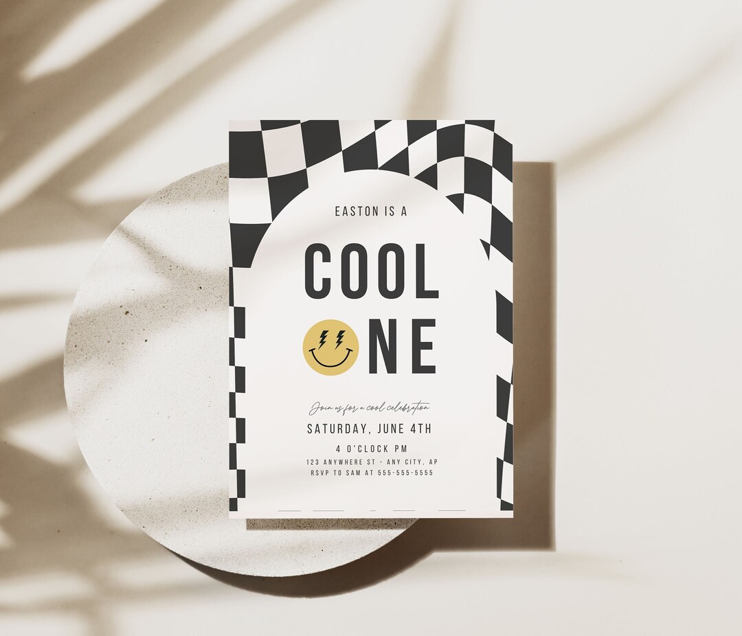 Invited Cool Cool One First Birthday Invitation Template Checkered Boho Smiley ...